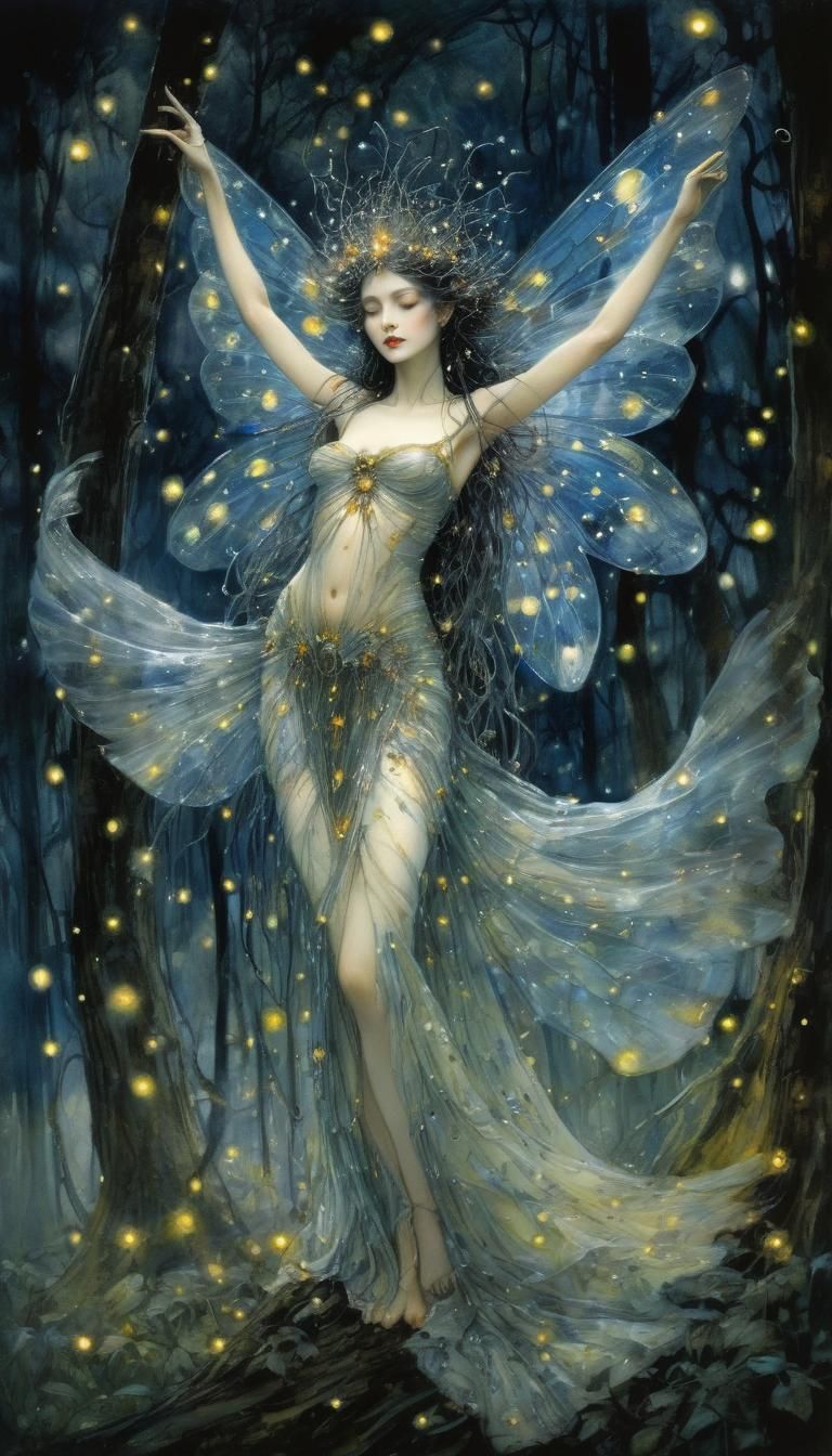 Fairy Queen Made of Fireflies in Art Nouveau
