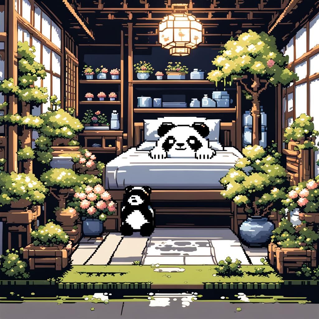 8-Bit Pixel Art Bedroom with Panda Garden