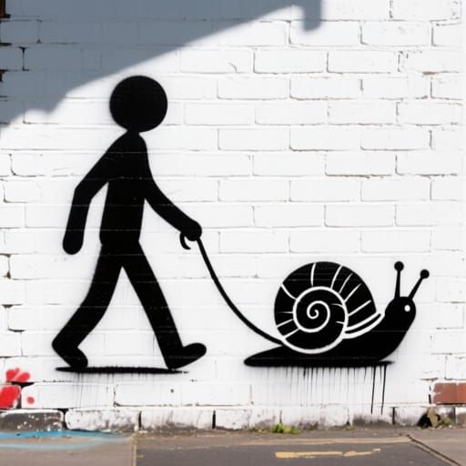 Graffiti Stick Figure Walks Snail in Banksy Style