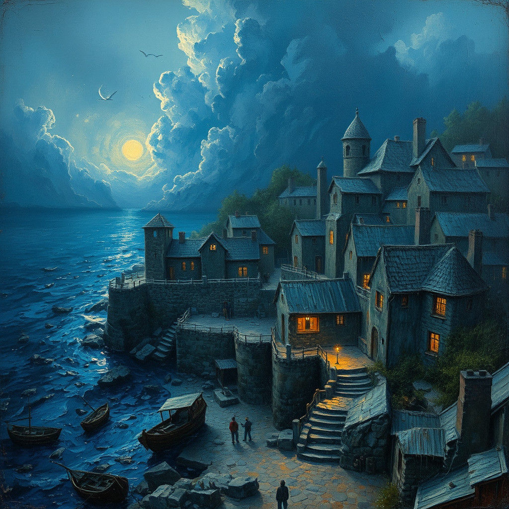 Surreal Seaside Village: A Romantic Oil Painting
