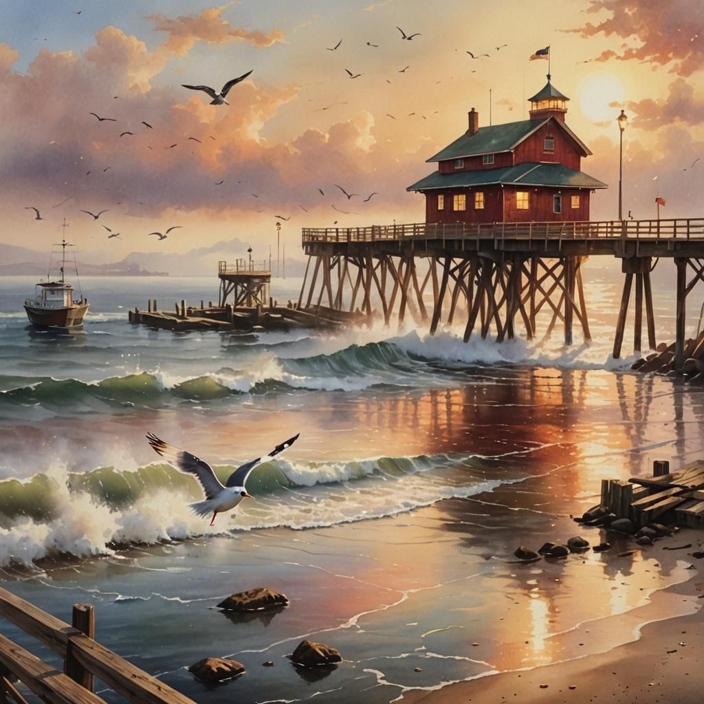 Watercolor Fishing Pier in Naturalism Style