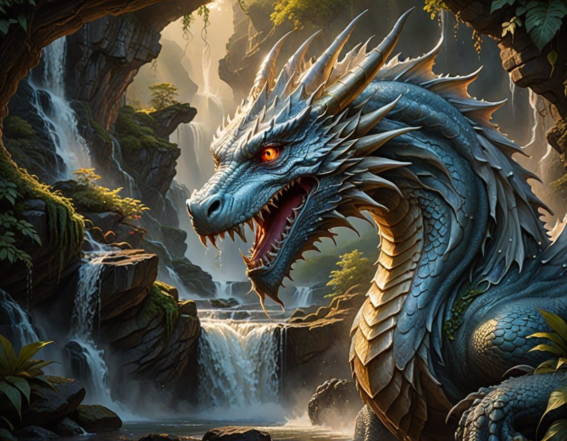 Ethereal White Dragon Over Waterfall in Grand Oil Painting