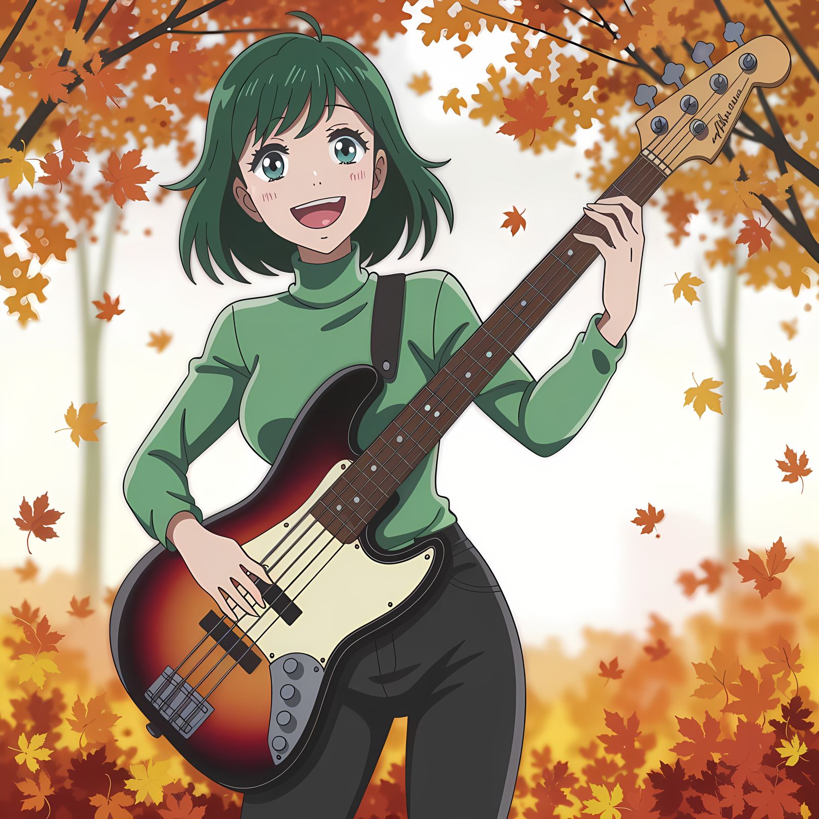 Green-Haired Woman Plays Bass in Autumn Forest