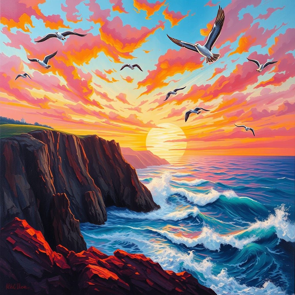 Neo-Impressionist Coastline at Sunset