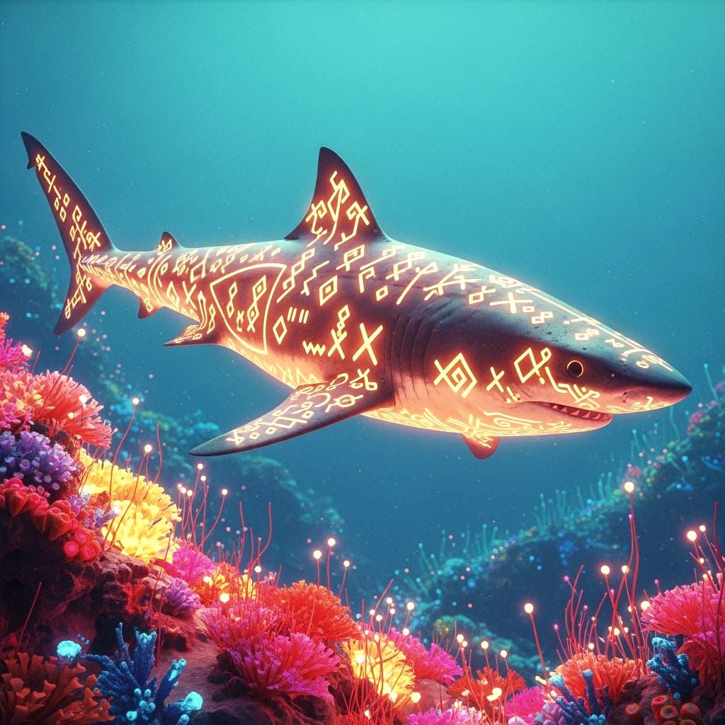 Majestic Shark with Glowing Runes in Bioluminescent Reef