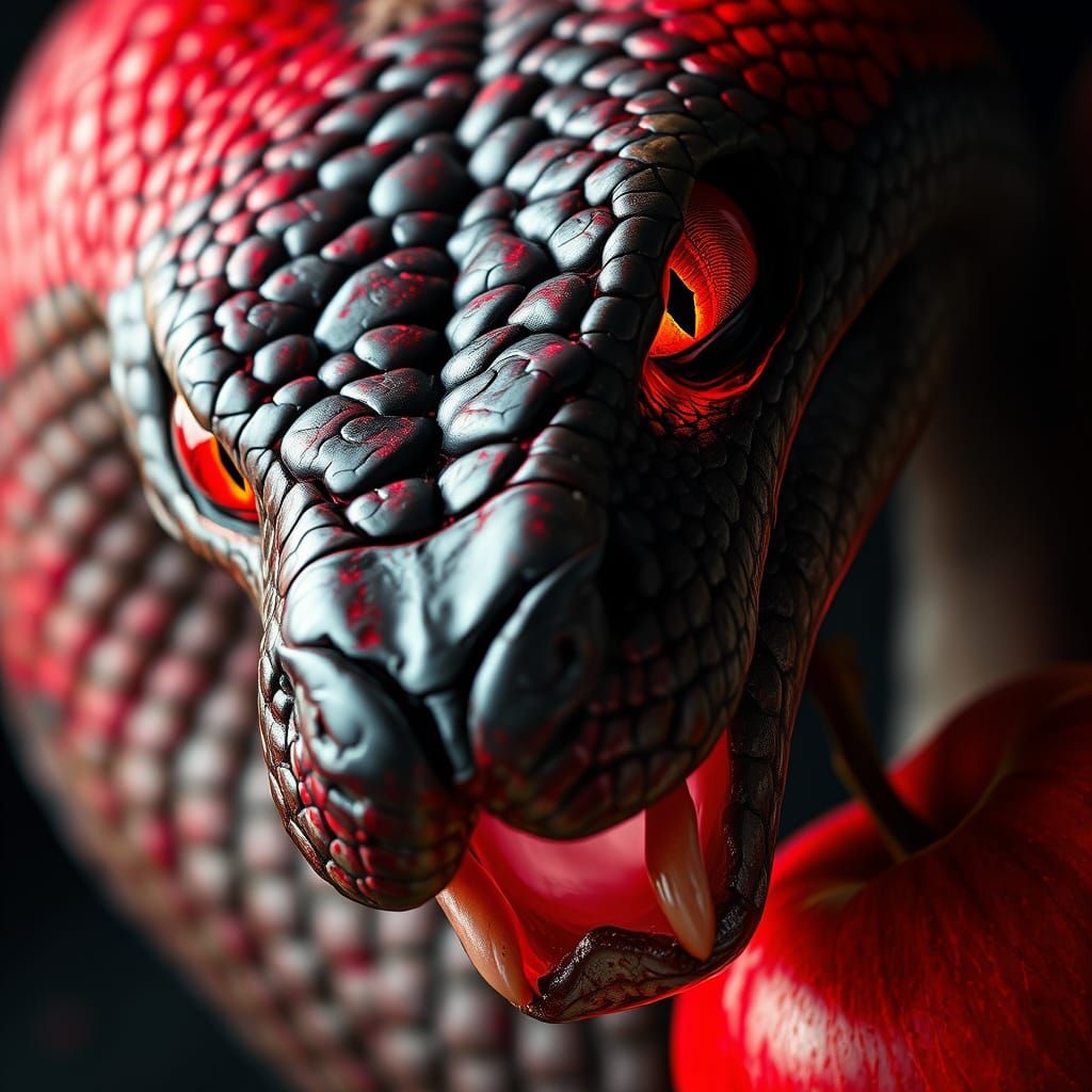 Serpent in Bioluminescent Glow Offers Red Apple