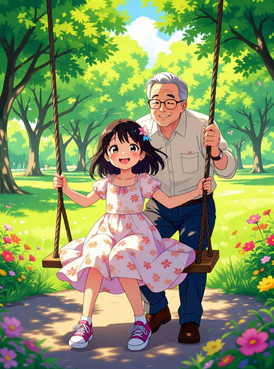 Happy Girl on Swing in Park, Anime Style