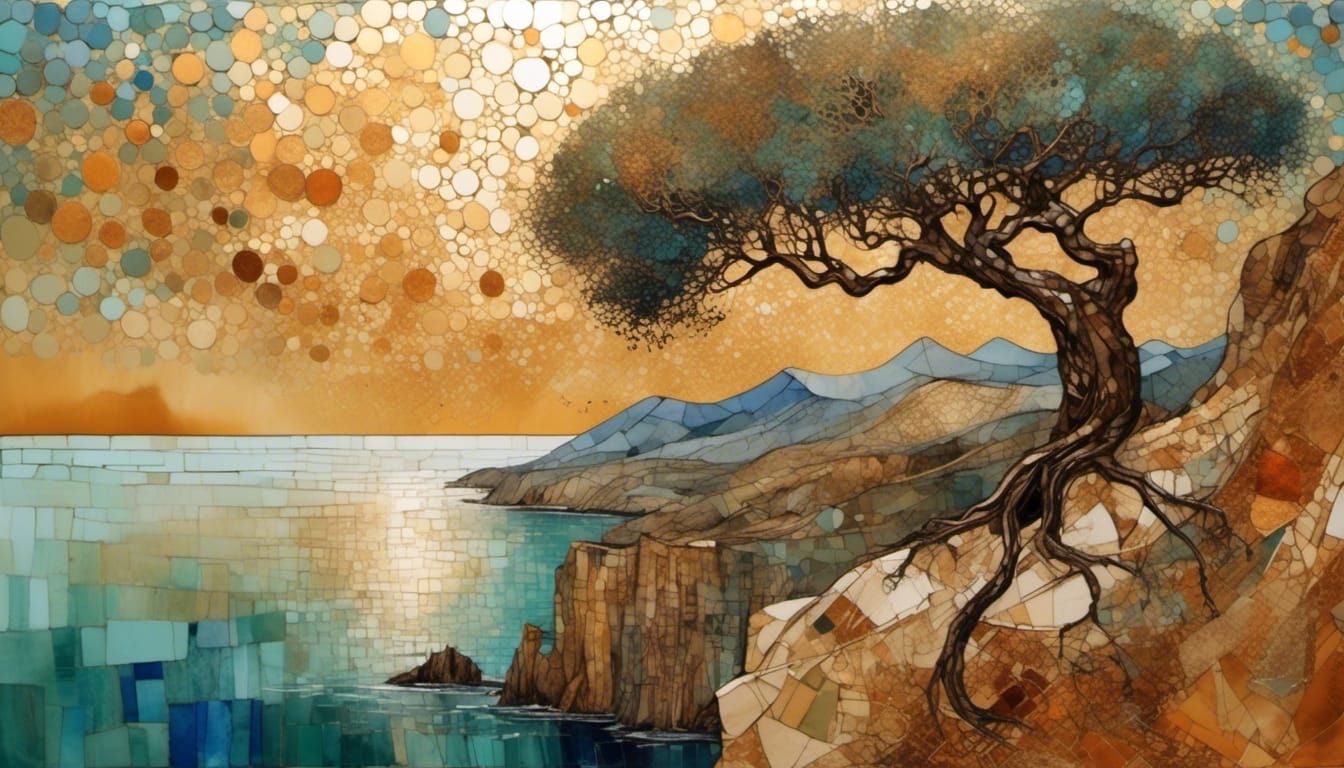 Olive Tree on Cliff in Cubist Impasto Style