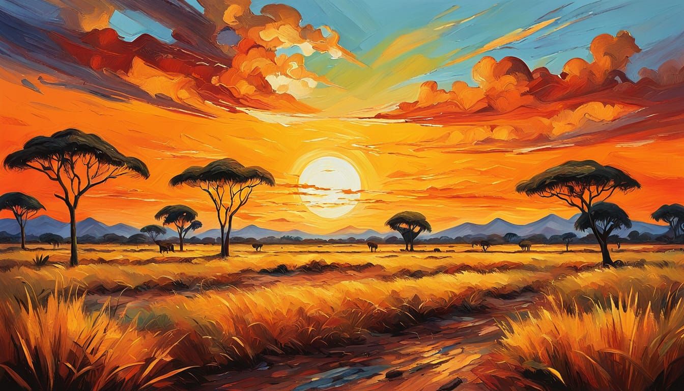 Surreal African Sunset Landscape in Vibrant Oil Painting Sty...