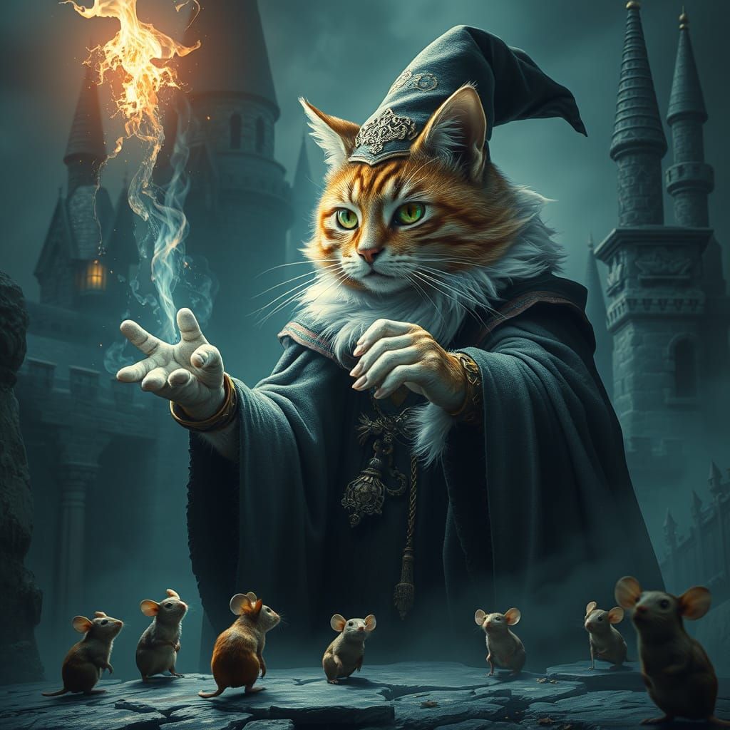 A majestic cat wizard casting a spell at a castle full of mice