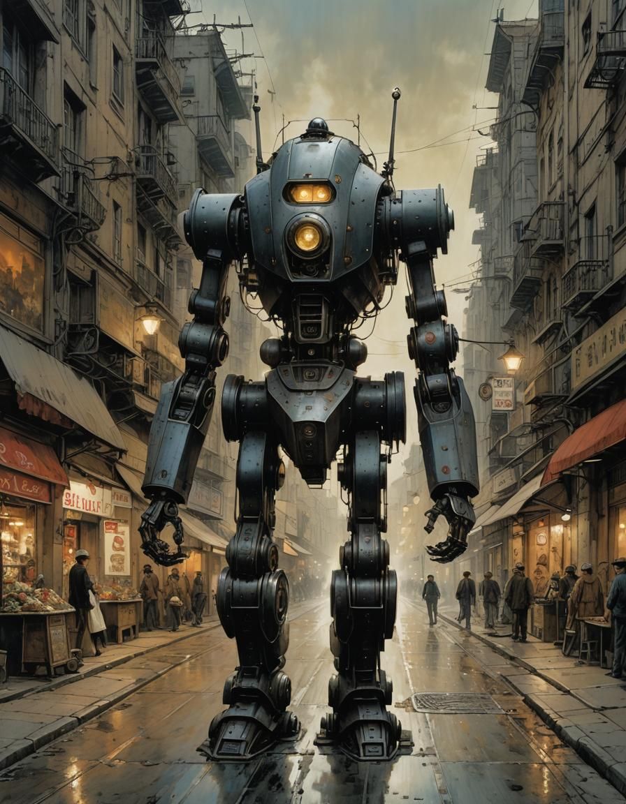 Mechanical Robot Strolls Down Lit Street