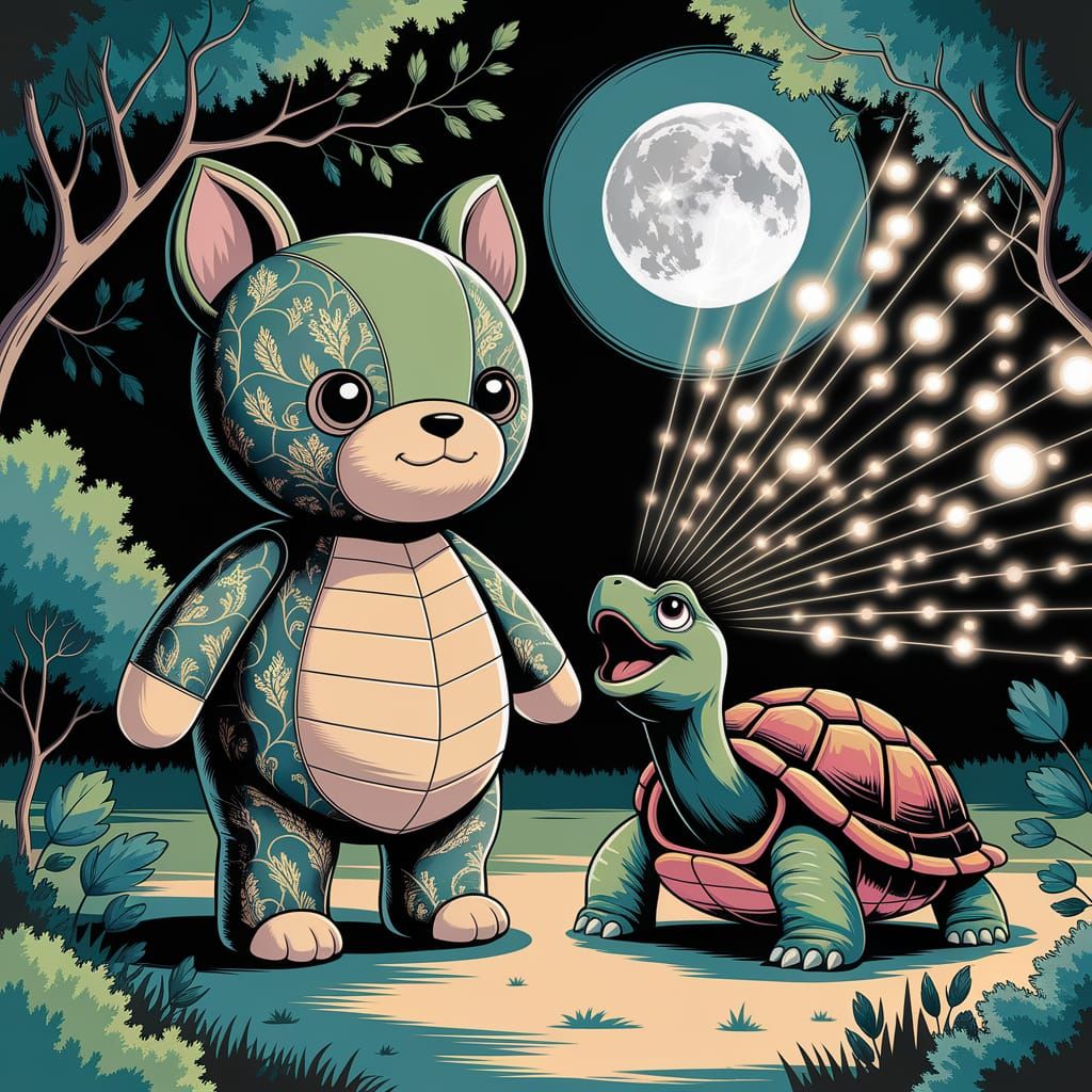 Enchanted Plushie Serenade Under Moonlight in Watercolor