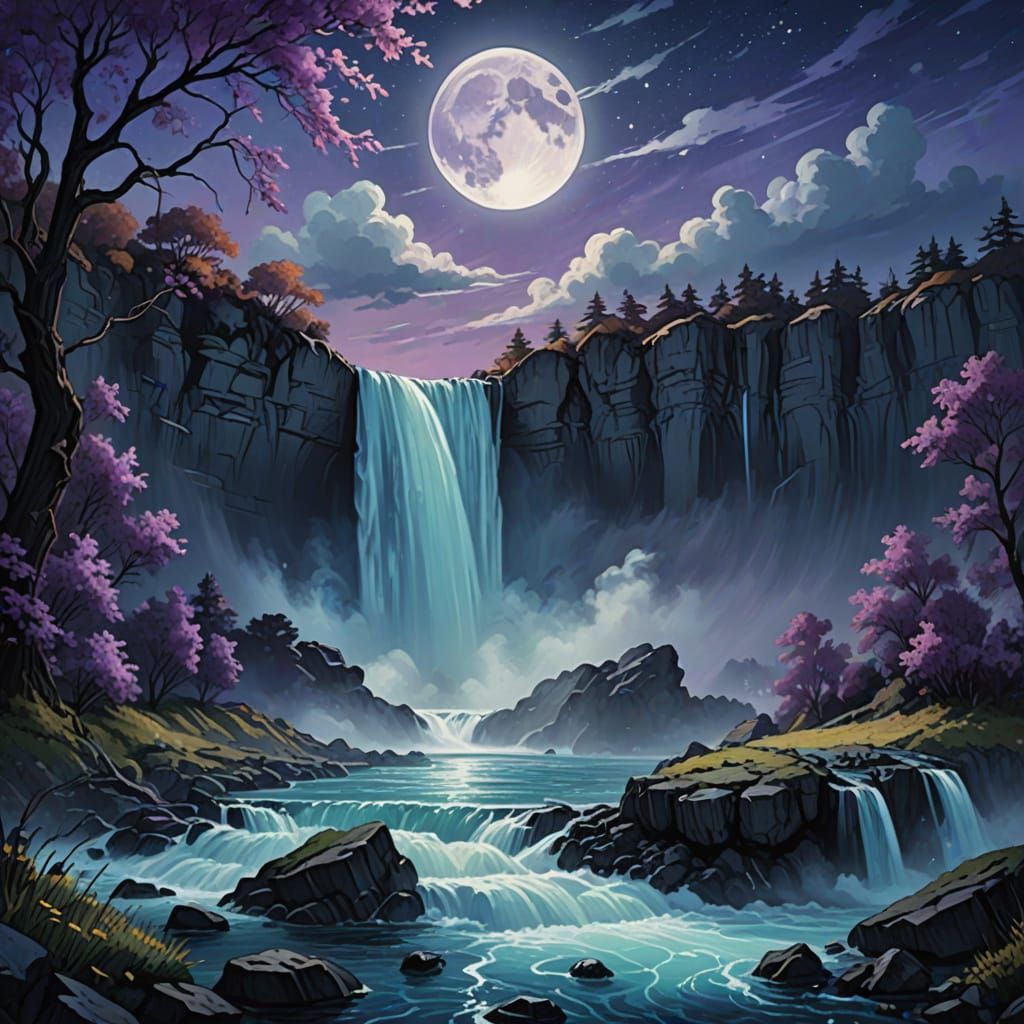 A surreal Niagara waterfall landscape at full moonlight.