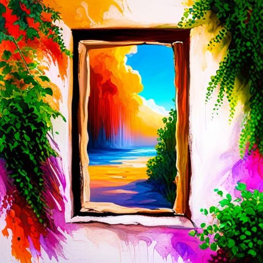 Surreal Window to Paradise in Street Art Style