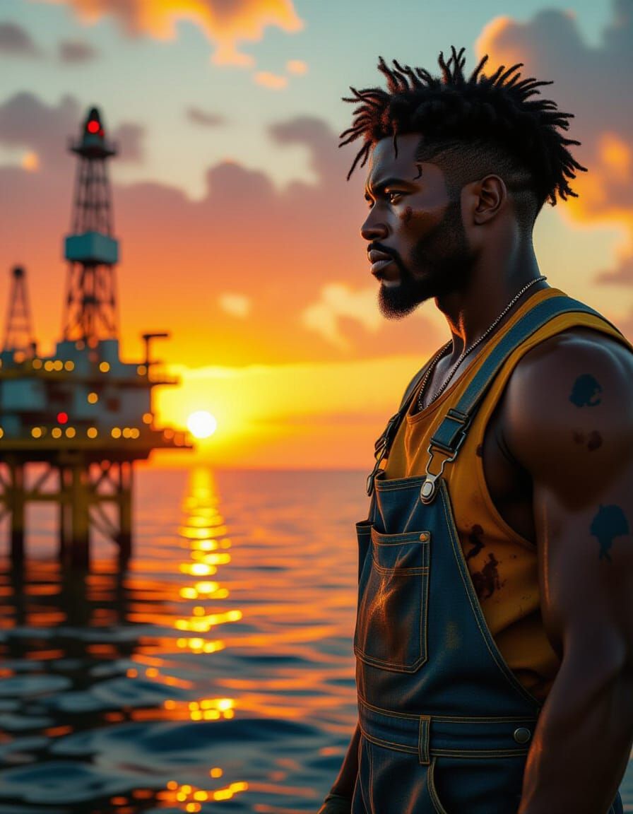 Afrofuturistic Oil Rig Worker at Sunset