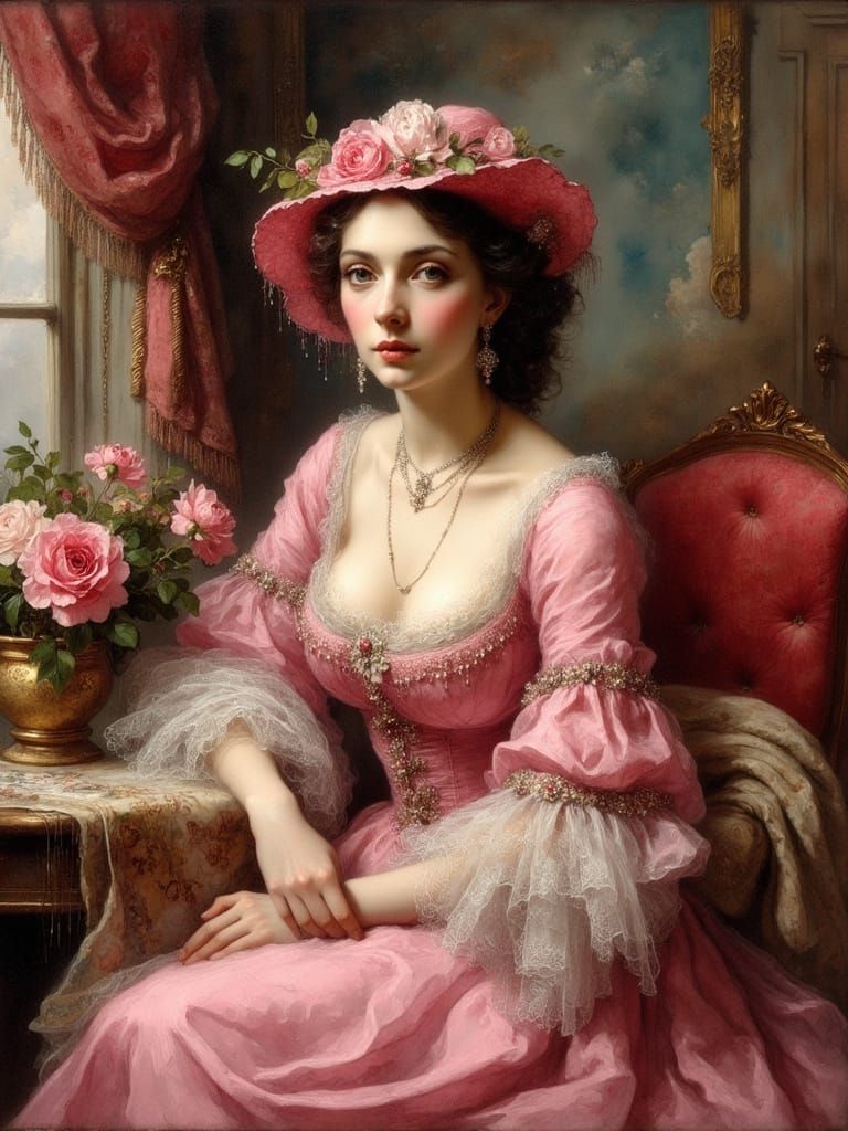 Elegant Lady in Rose Satin Gown, Oil Painting in Art Nouveau...