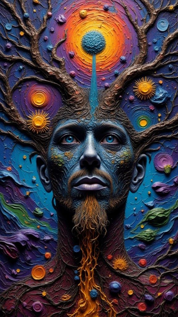 Fractal Faced Man with Rainbows in Impasto Style