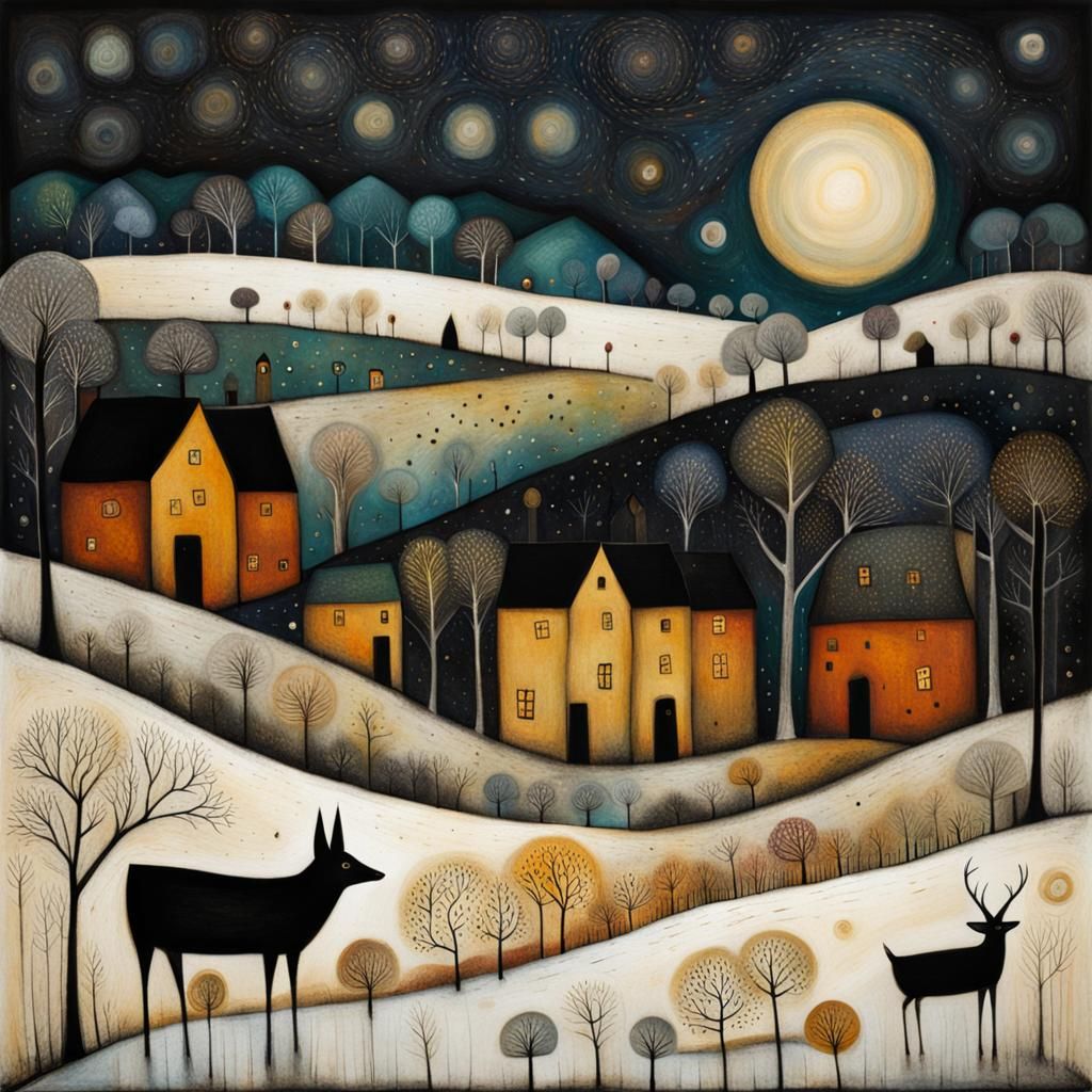 Enchanting Village in Art Brut Style at Night