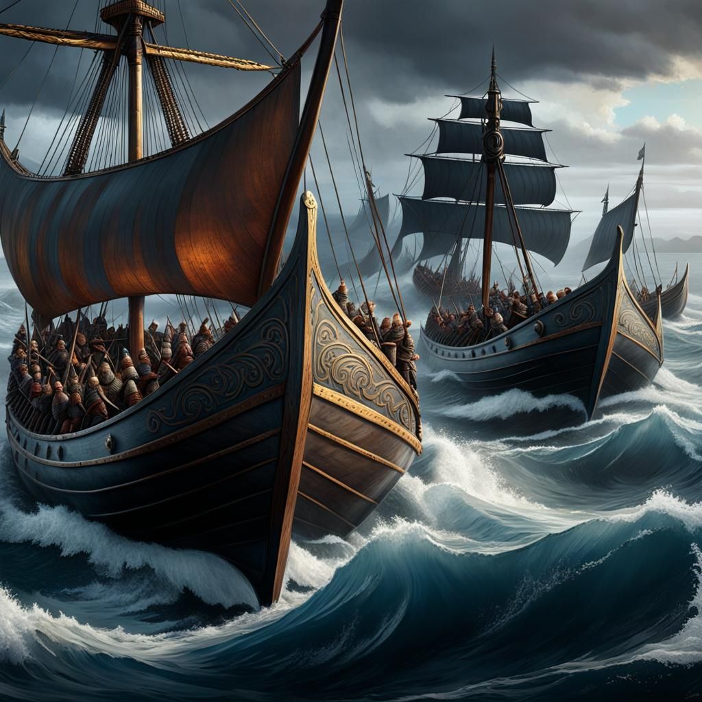 Viking long boats, full of warriors, battle the rough seas, ...
