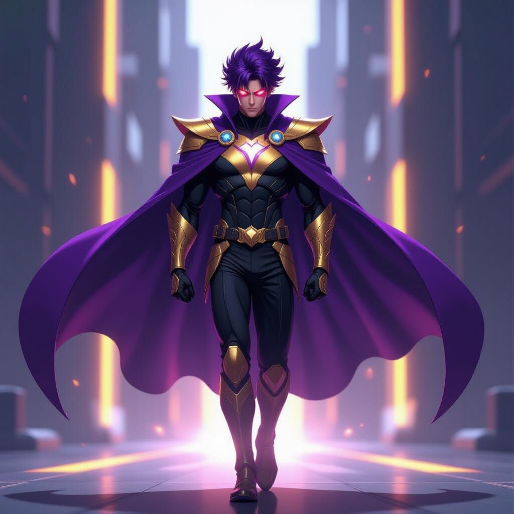 Goku in Purple and Gold Futuristic Anime Style