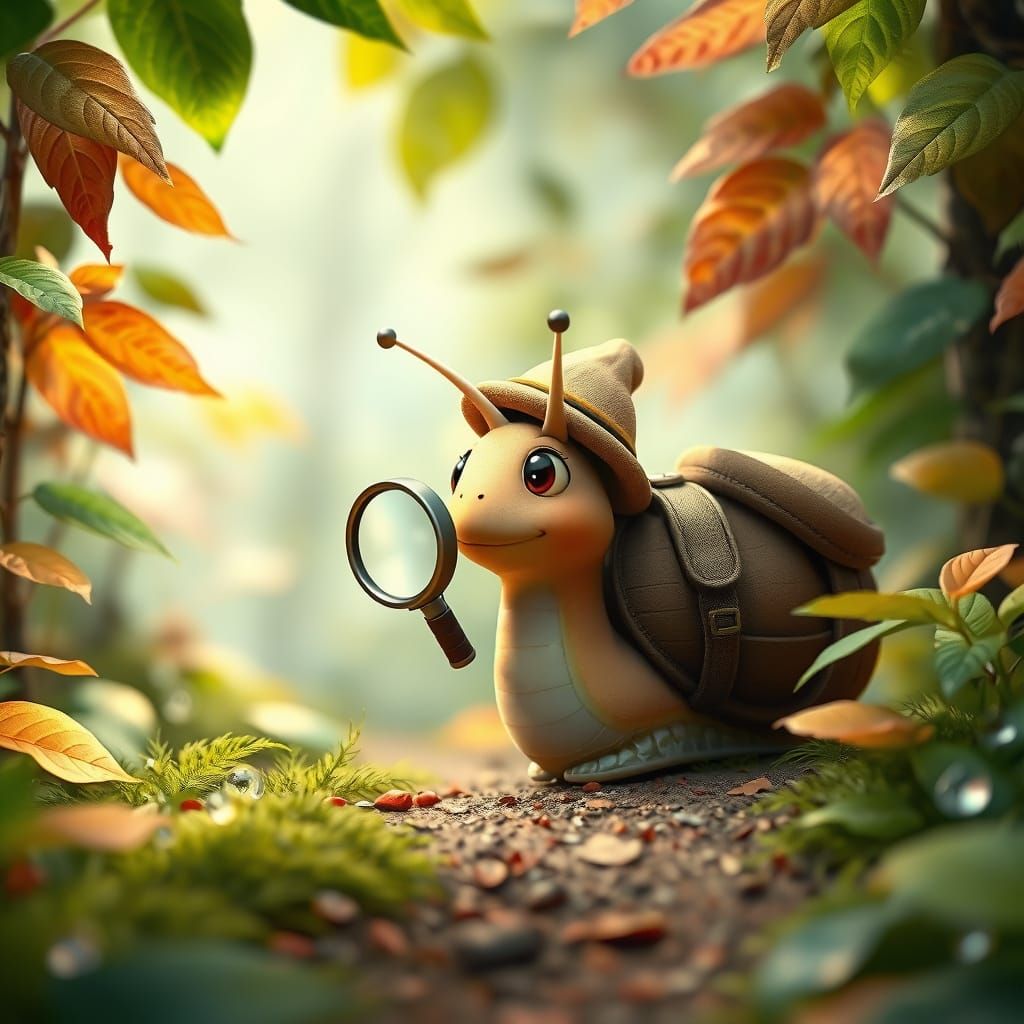 Curious Snail Explorer in Lush Forest, Pixar-style CGI
