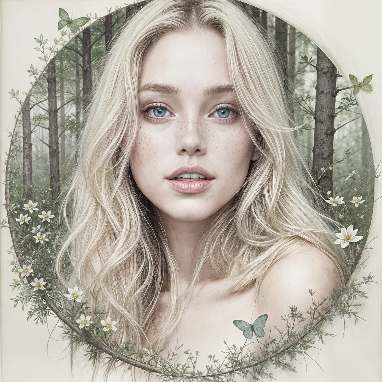 Pencil Sketch of Beautiful Woman with Freckles and Blonde Ha...