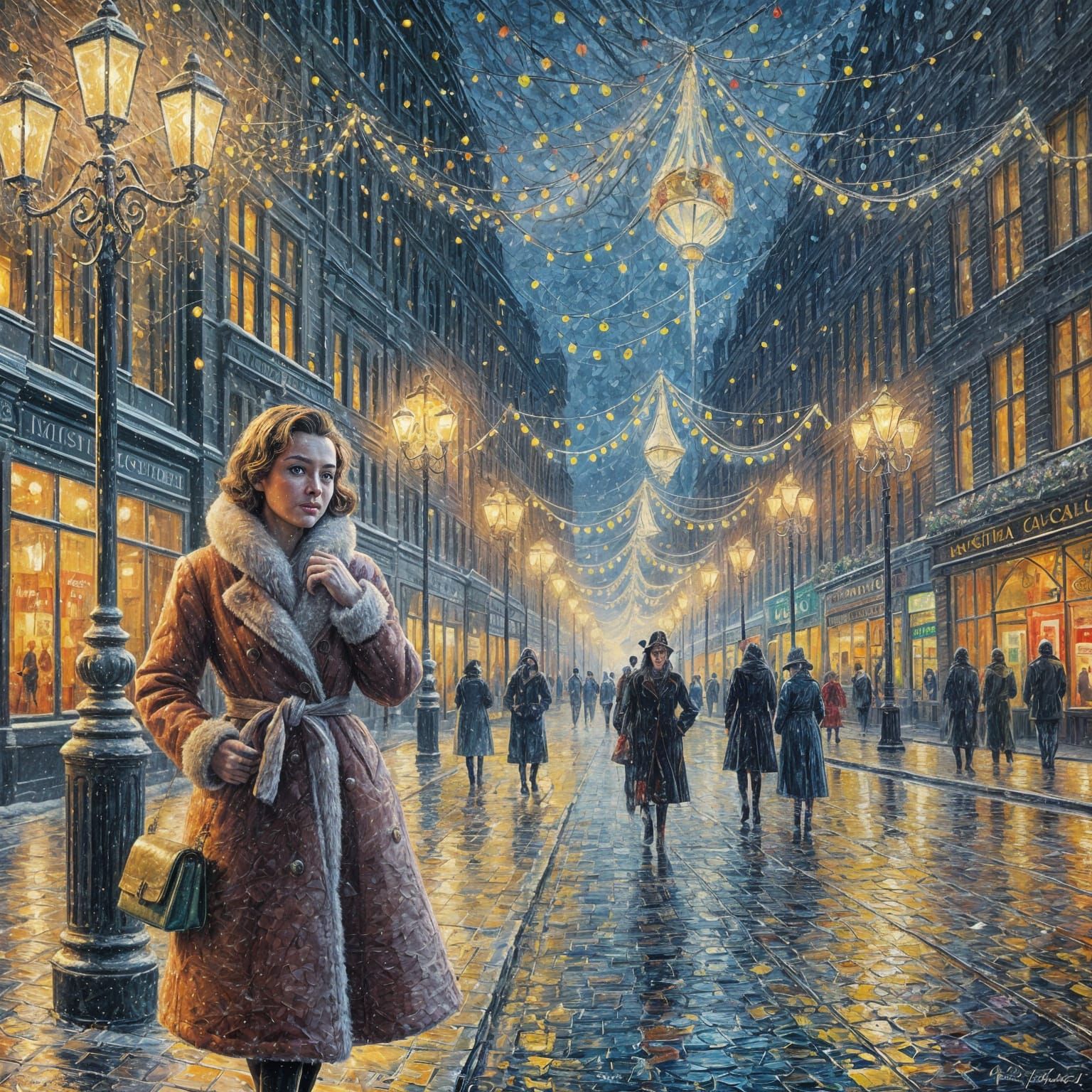 A charming woman walks through the streets of Manchester on ...