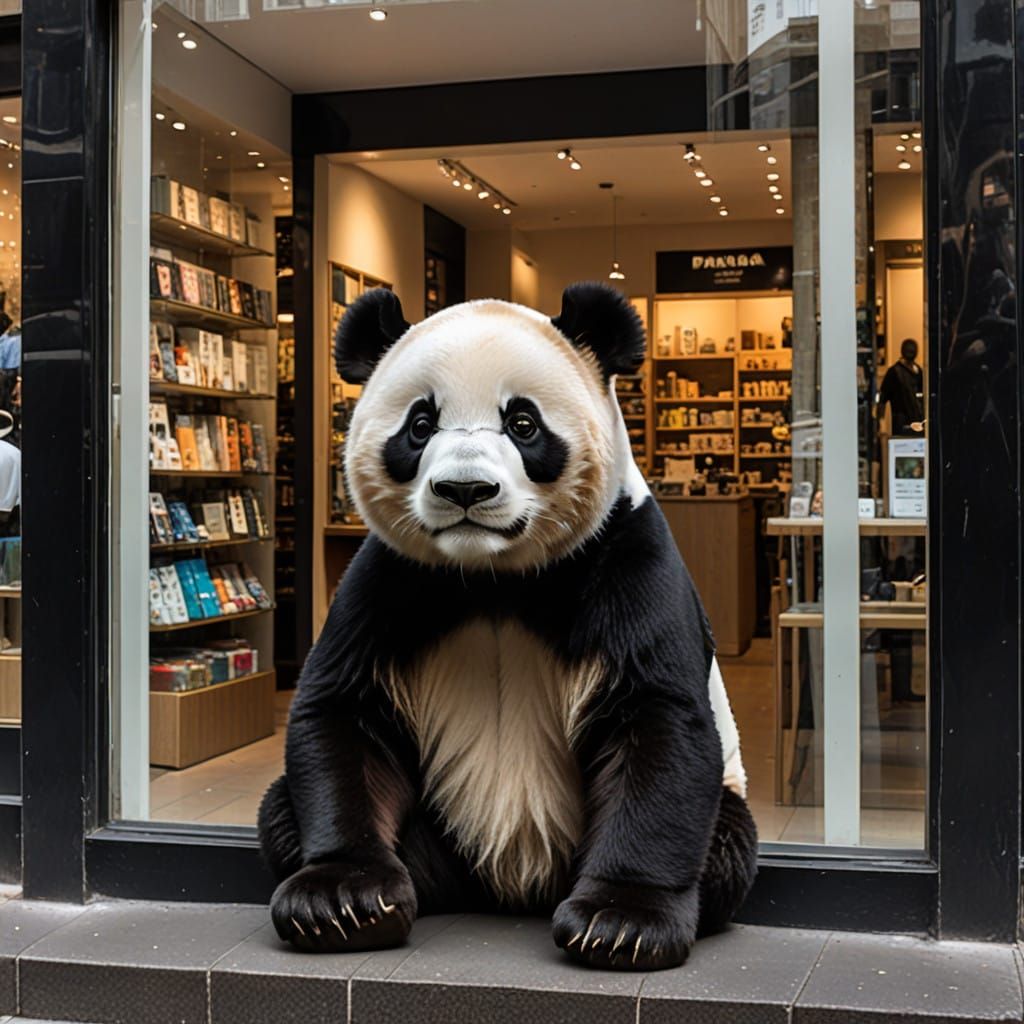Panda Displayed in a Vintage-Style Shop Window