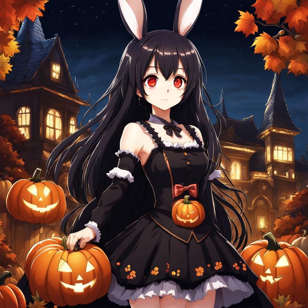 Halloween Girl with Bunnies in Anime Style