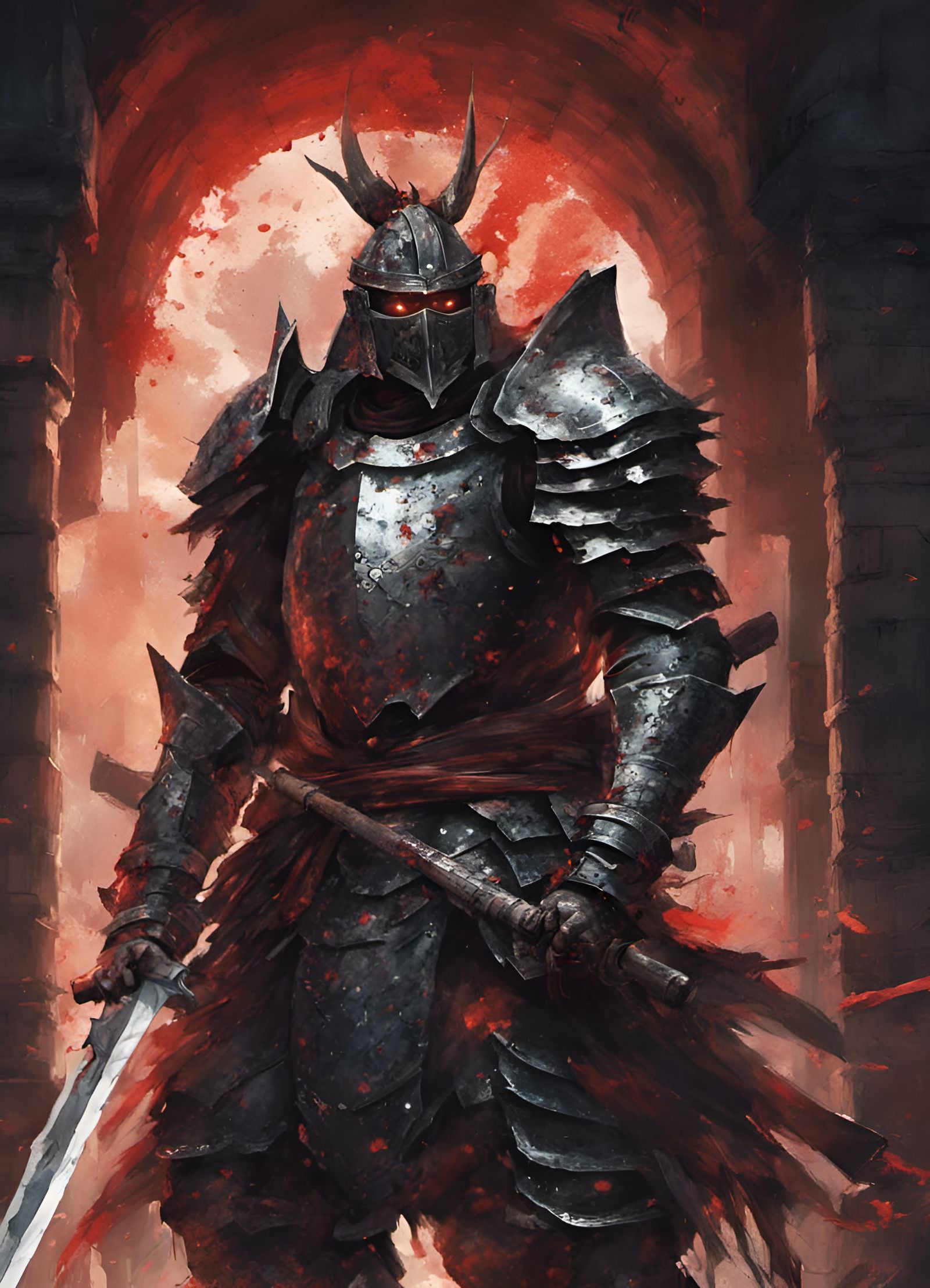 Samurai Knight in Bloodied Dungeon, Dark Fantasy Art