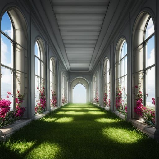 Infinite White Corridor with Flowers: Fantasy Concept Art