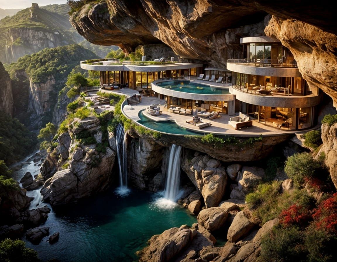 Cliffside Cave Home with Waterfall