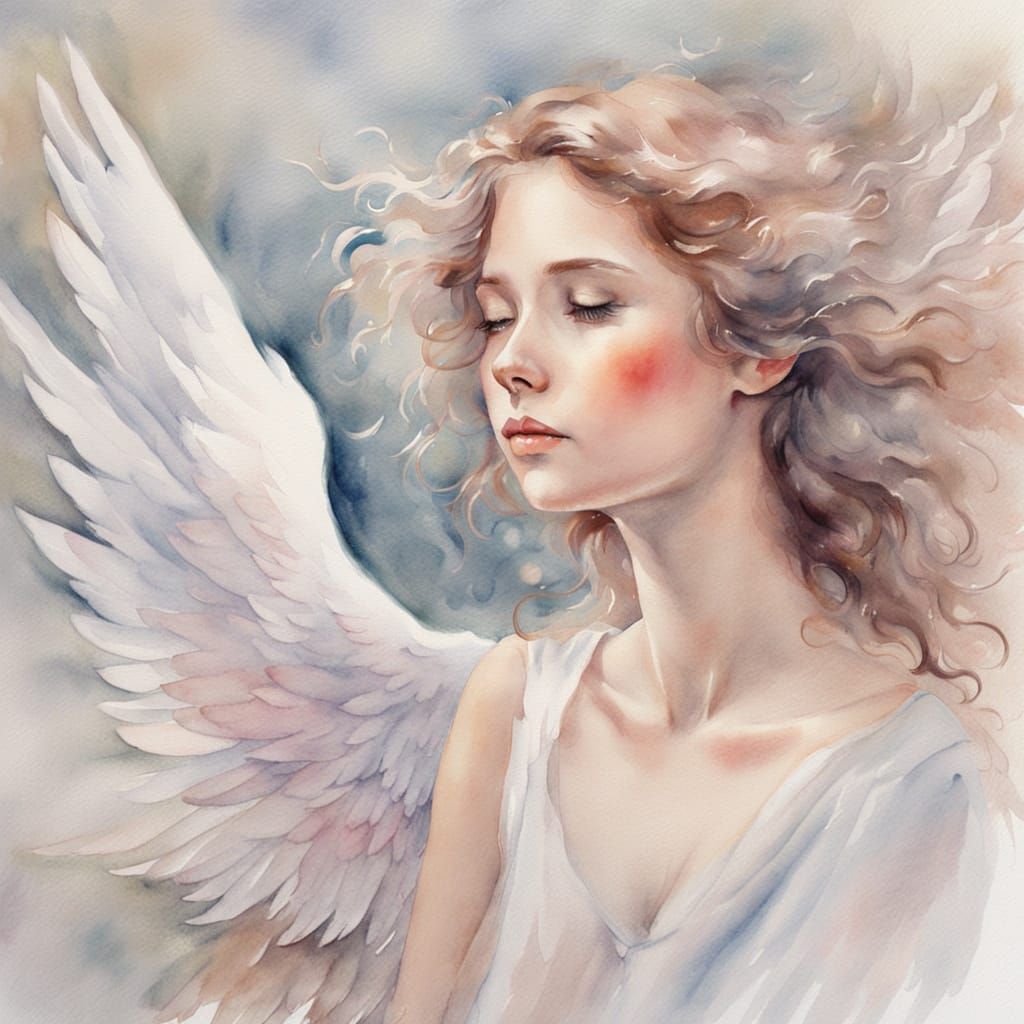 Ethereal Angel Watercolor Painting on White Paper