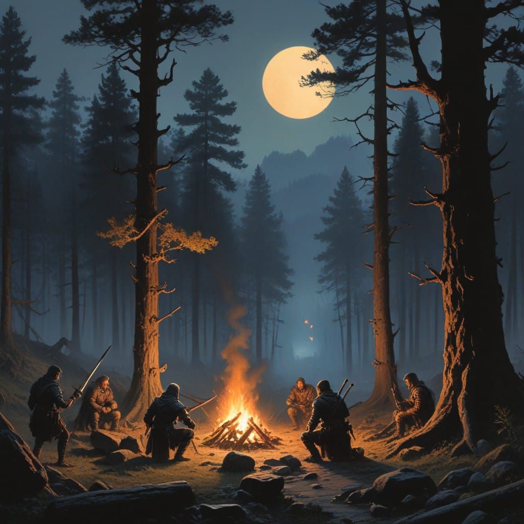 Medieval Warriors Gather by the Campfire in a Mysterious For...