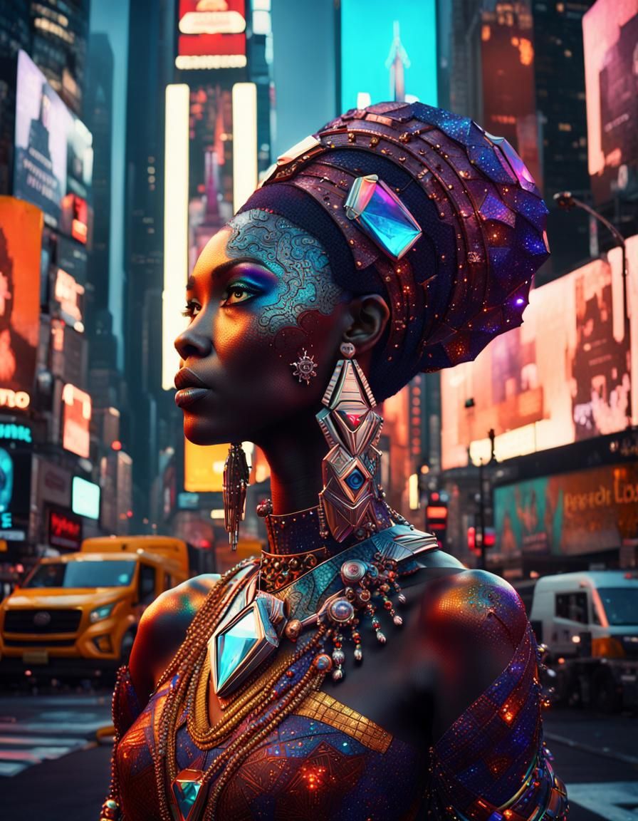 Afrofuturistic Diamond Woman in Times Square