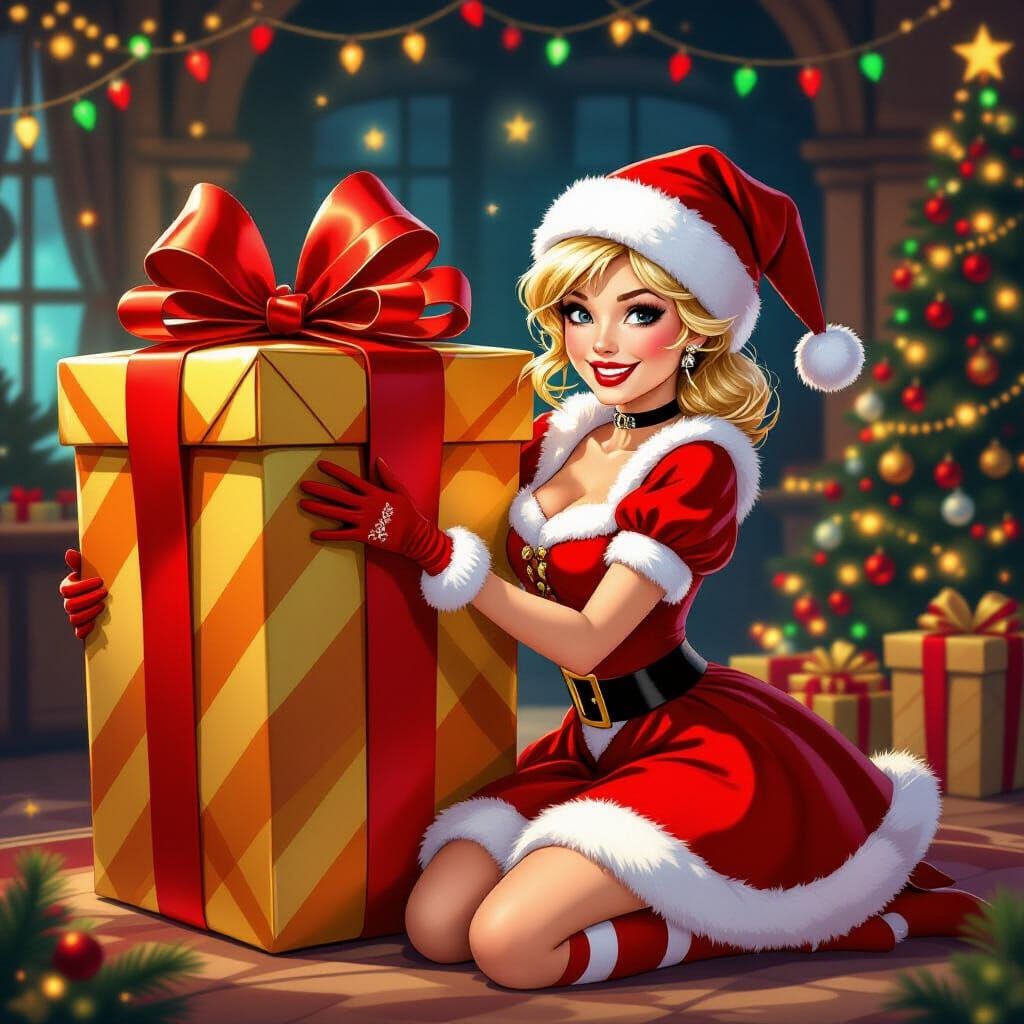 Festive Cinderella with Gift, Digital Illustration