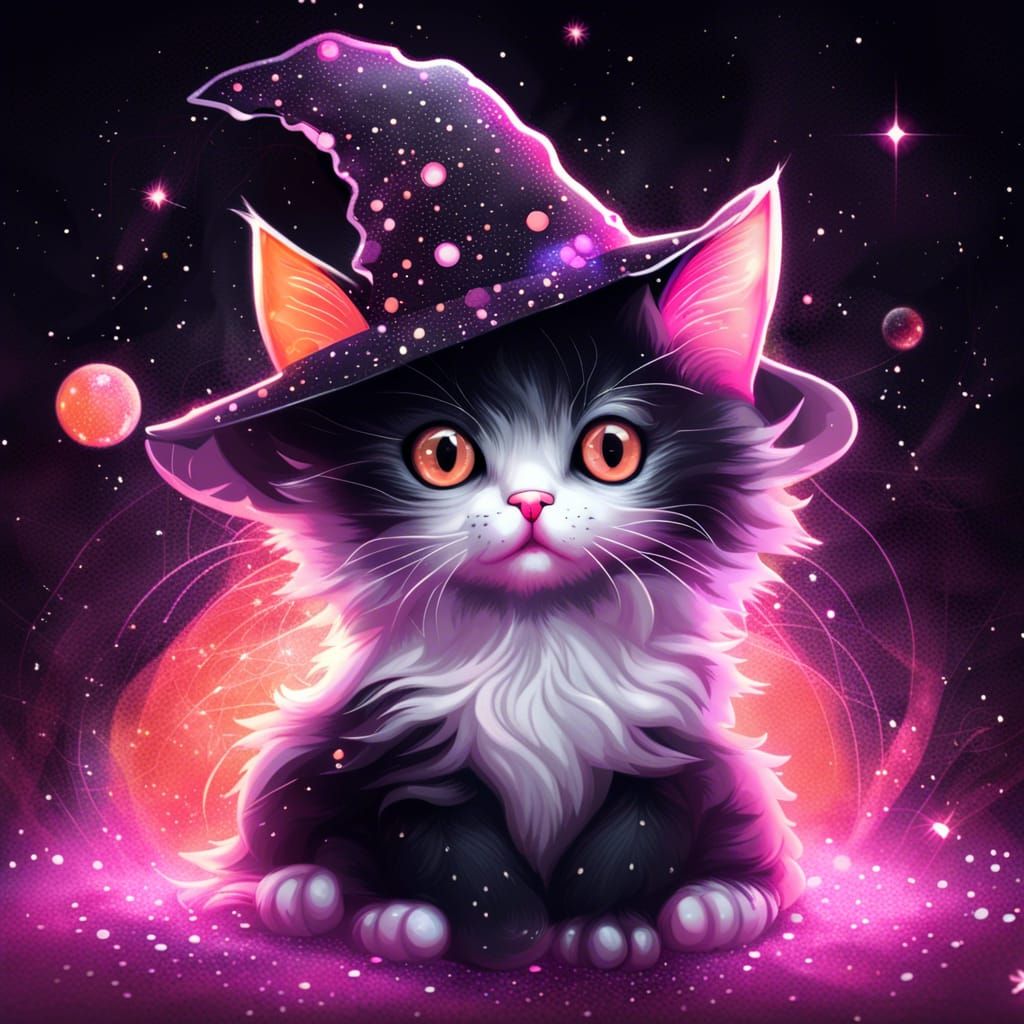 Cute Speckled Kitty in Witch Hat with Sparkles