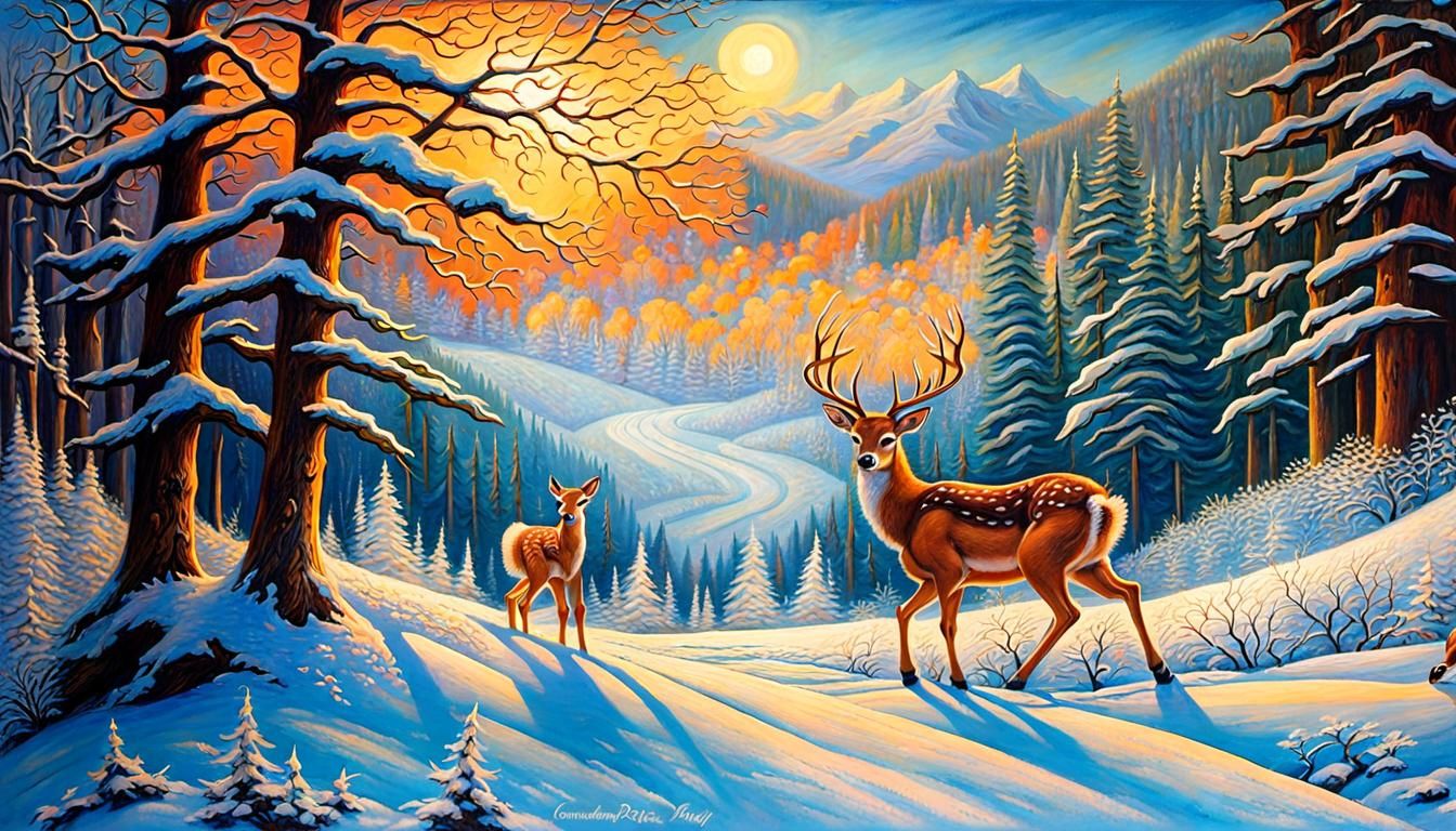 Cross Country Skier Watched by Deer Fawn: Oil Painting