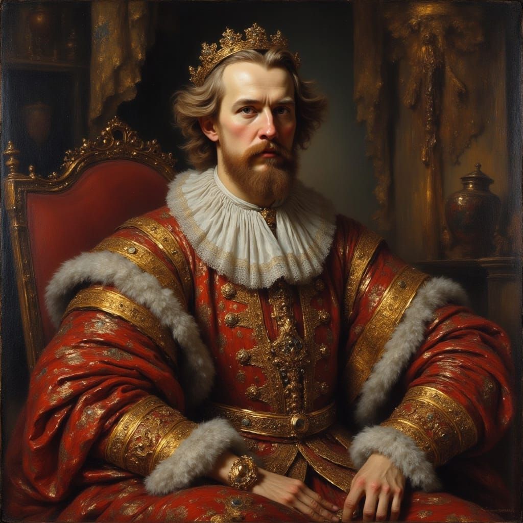 Regal King in Crimson Robes, Baroque Painting