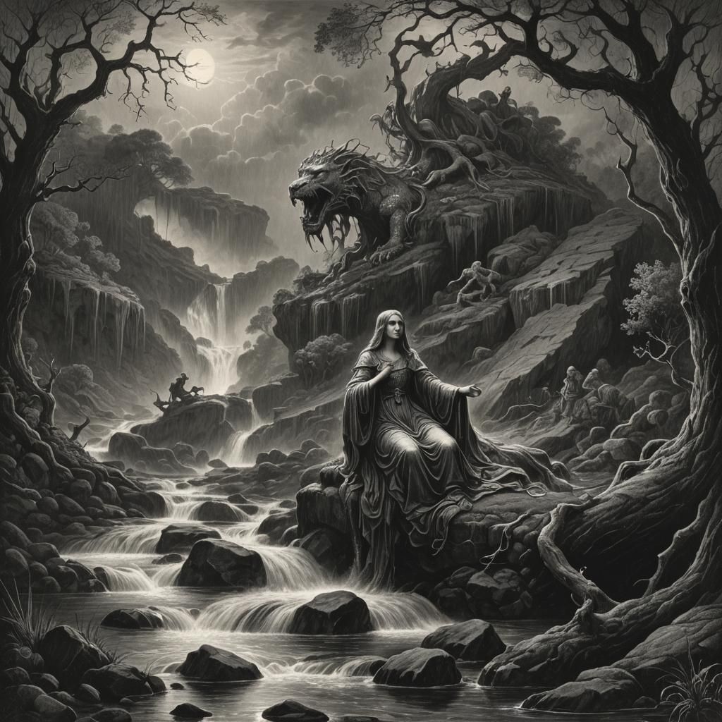 Surreal Goddess Overwhelmed by Rainstorm in Darkened Landsca...