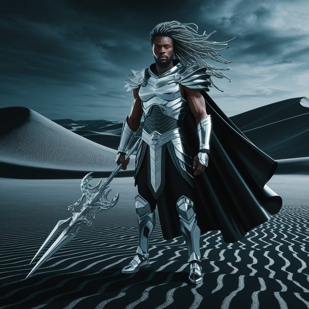 African Warrior in Chrome Armor Stands Tall in Desert Landsc...