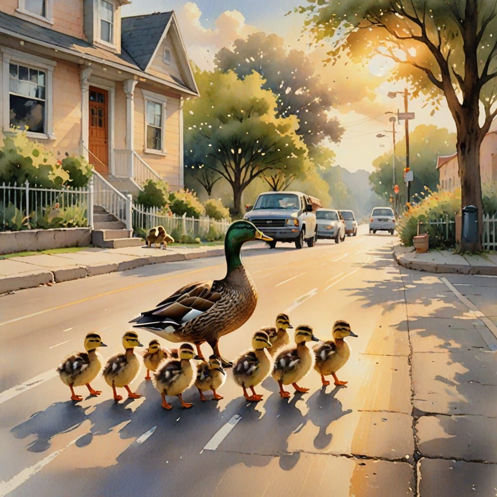 Watercolor Mother Duck Leads Ducklings