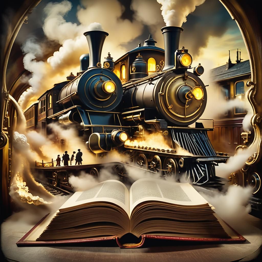 Steam Train Emerges from Book in Dreamlike Impressionism