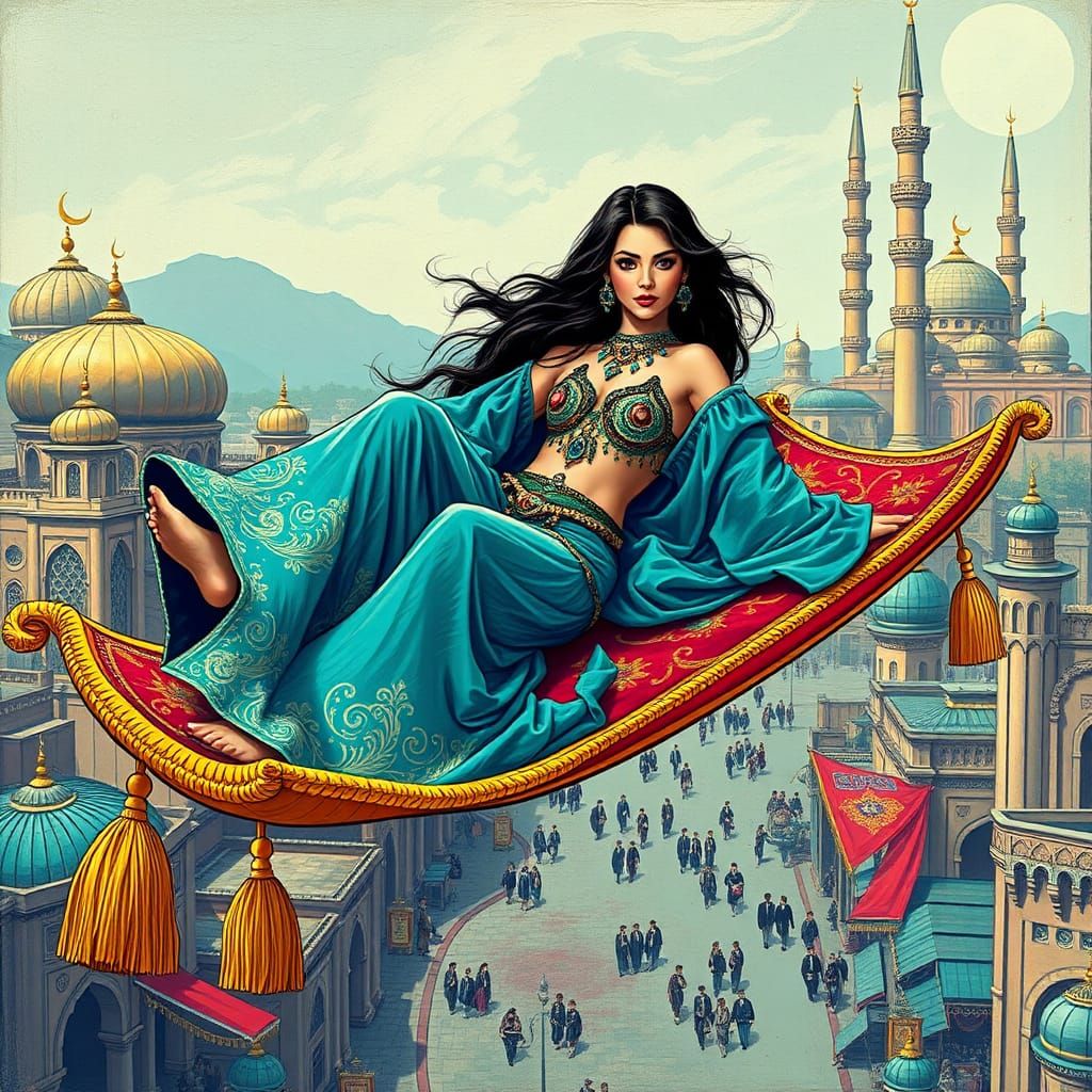 Woman on Magic Carpet in 1940s Film Poster Style