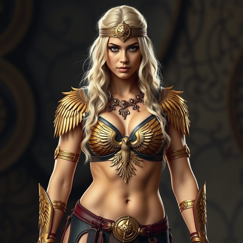 German Warrior Maiden in Roman-Inspired Armor with Gold Eagl...