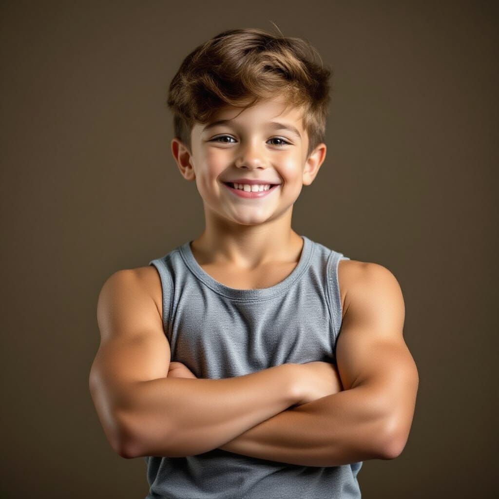 Smiling Boy with Super Muscles in Realistic Style