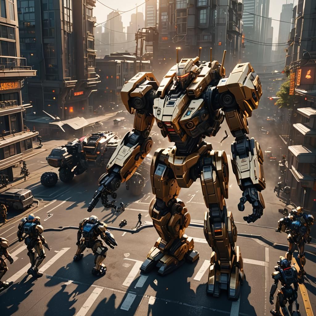 Epic Sci-Fi Mecha Battle in Futuristic Cityscape