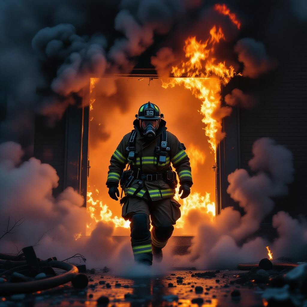 Fireman Exiting Burning Building: Digital Art