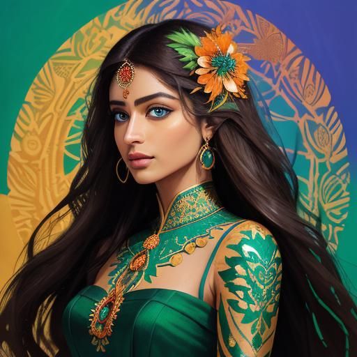 Woman with Scales and Feathers in Abstract Art