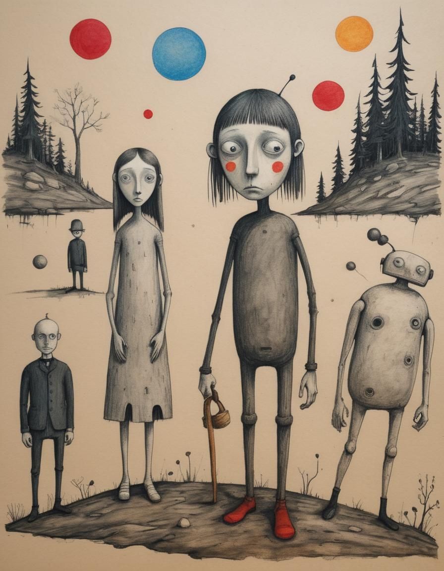 Whimsical Characters in Colored Pencil and Ink